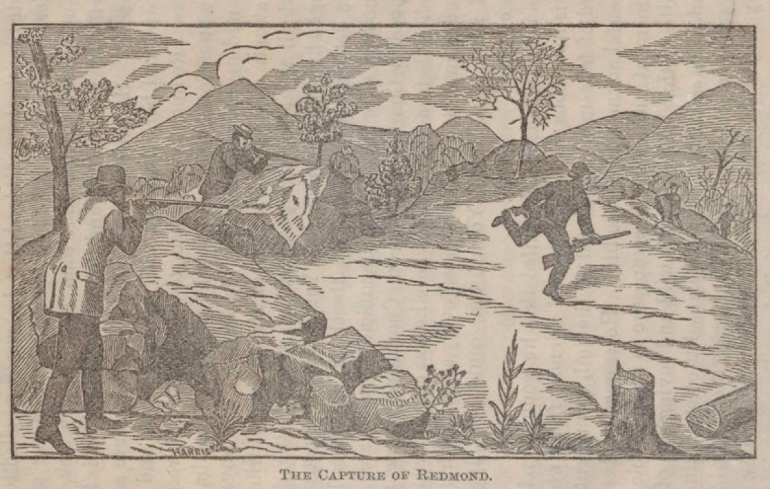 This illustration of Redmond's capture was featured in "The True Life of Maj. Redmond, the Notorious Outlaw and Moonshiner."