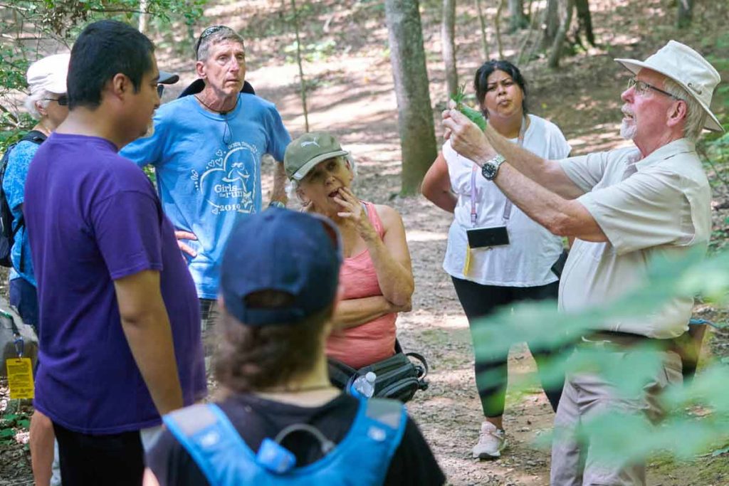 N.C. Arboretum volunteer Tim Southard explains the difference between white and red oak leaves to his group of hikers. Photo courtesy of David Huff Creative.