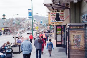 Tourists walk through downtown Gatlinburg. Only about one-quarter of the park’s more than 12 million annual visitors stop at a visitor center. Many plan their Smokies adventure based on conversations with the hotel clerks, servers, and retail workers they meet in town. Photo provided by spablab via Flickr. 