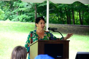 Prior to the unveiling Saturday, July 20, US Poet Laureate Ada Limón recites four of her original nature-inspired poems, as well as the poem by Lucille Clifton inscribed on the new picnic table. Photo provided by Holly Kays, Smokies Life. 